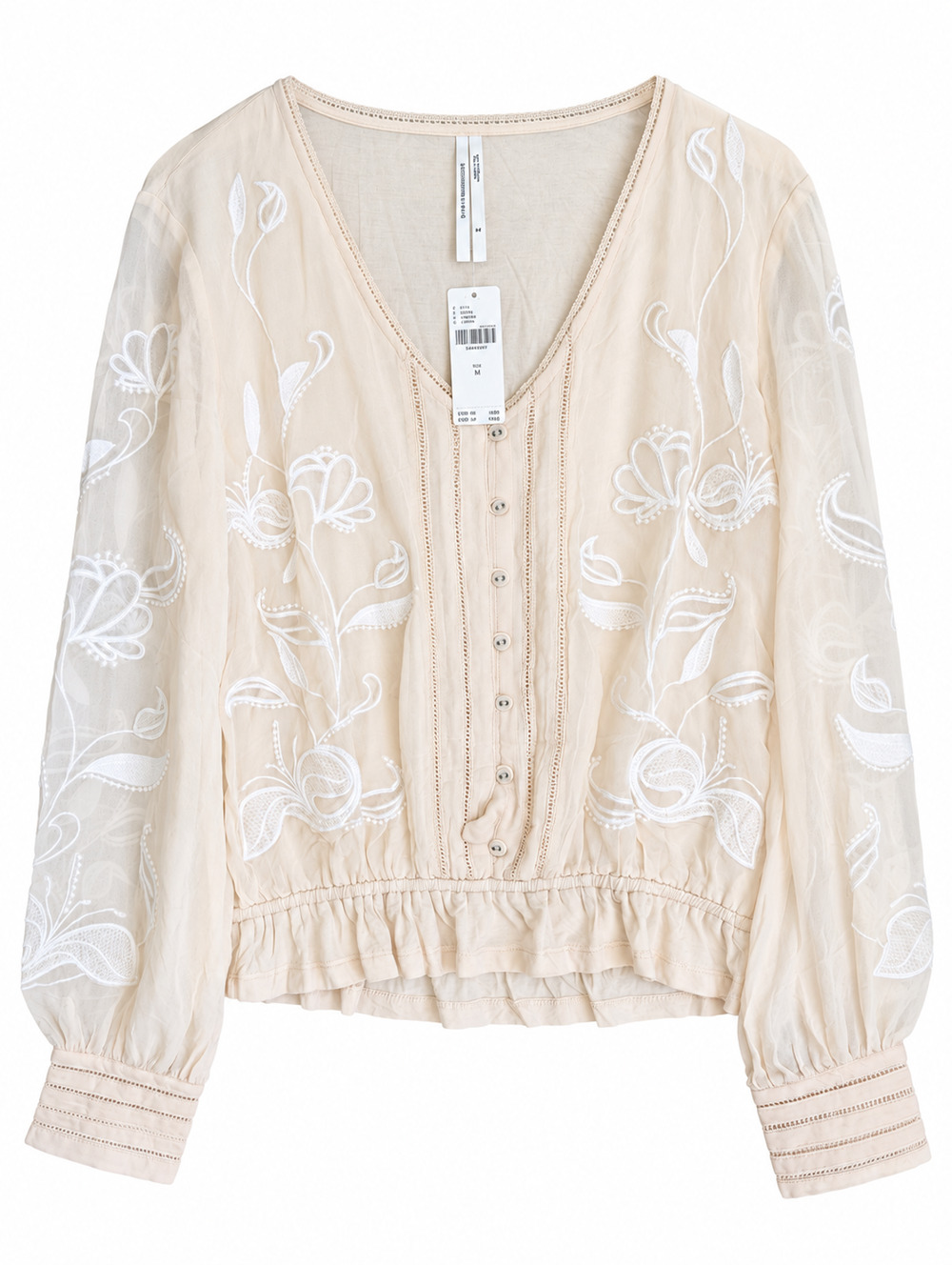 Anthropologie Embroidered Blouse Womens M Creme V Neck Ruffle Hem NWT